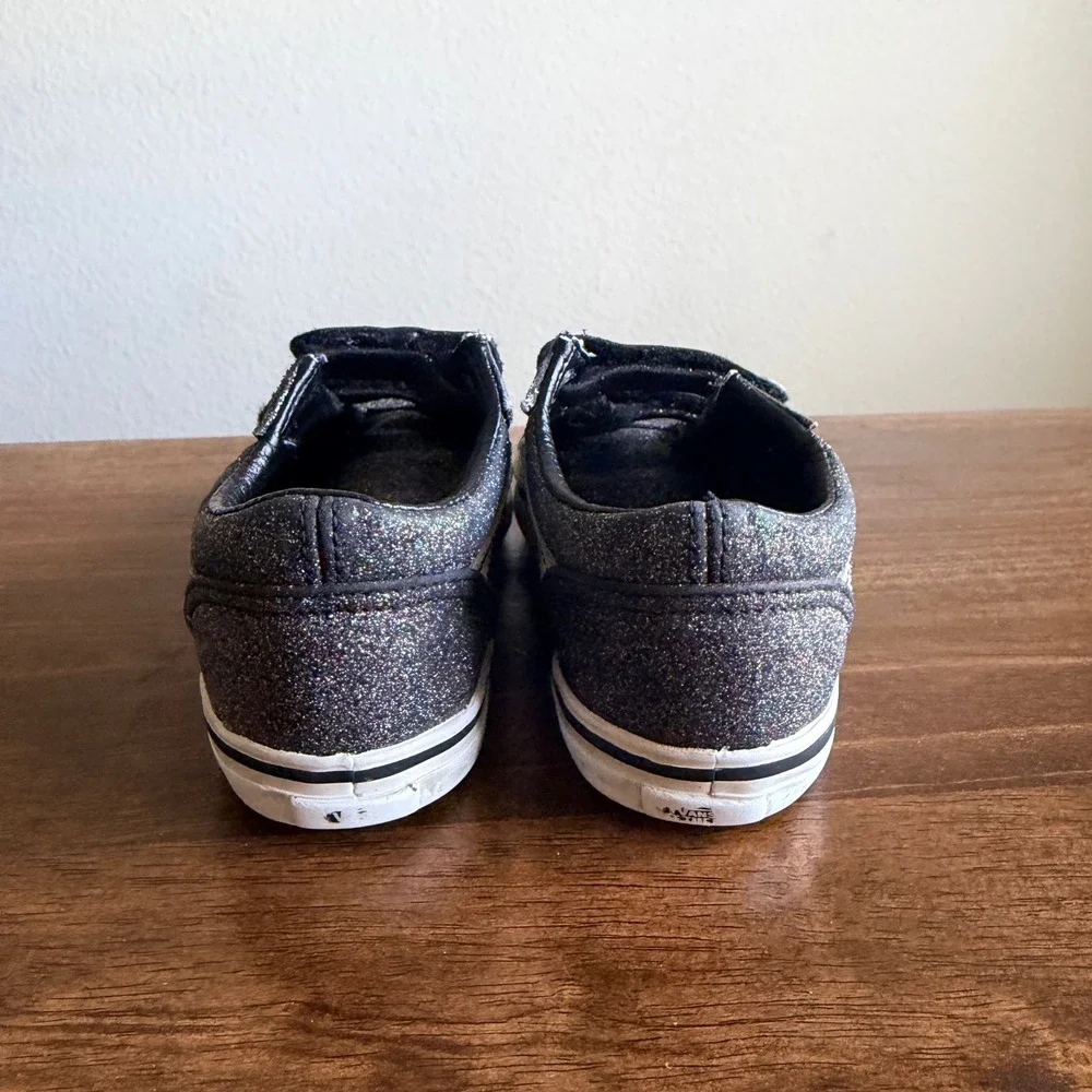 Vans Old Skool V Black Glitter Kids Shoes Low Top Skate Sneakers Hook and Loop